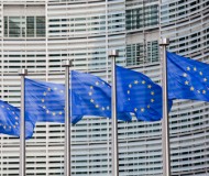 European flags in front of the Berlaymont building, headquarters of the European commission in Brussels.